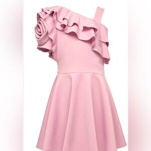 Like New Hanna Banana 3D Flower Asymetrical Sleeve Pink Skater Dress Big Girl 12